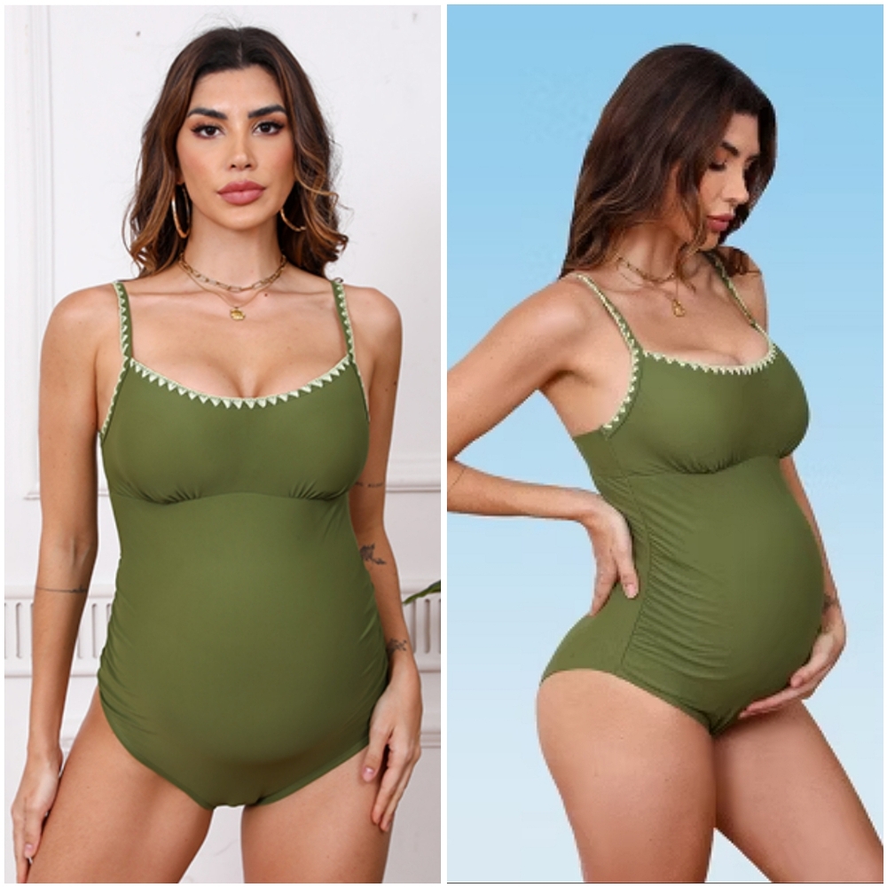 Cupshe Olive Green Maternity One-Piece Swimsuit with Contrast Trim